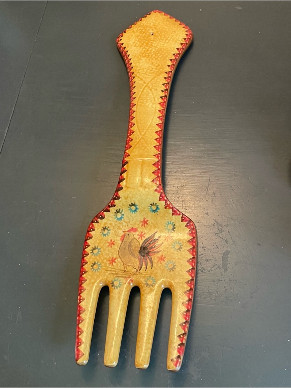 Hand-Painted Decorative ceramic Fork in Yellow with Rooster Motif 17in long